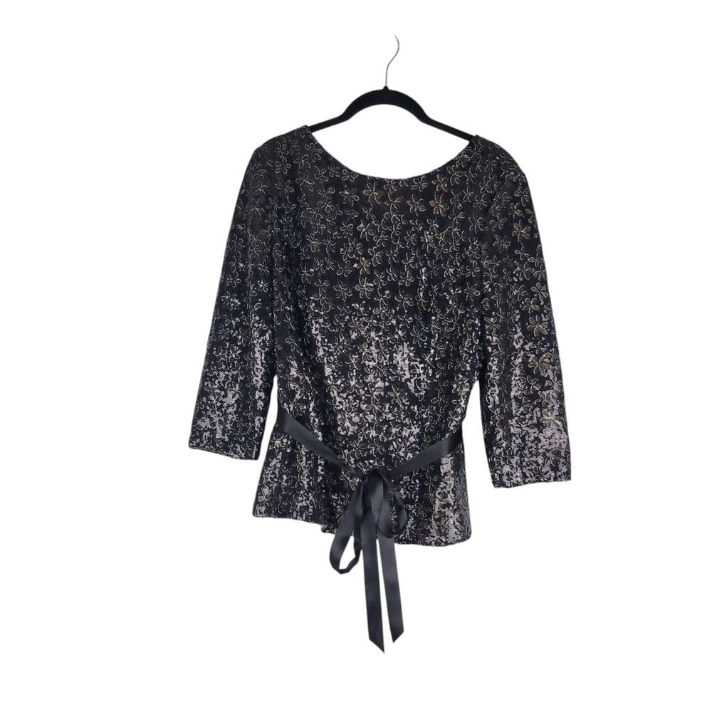 Alex Evenings Top Womens L Sequin Floral Tie Waist 3/4 Sleeve Black Evening